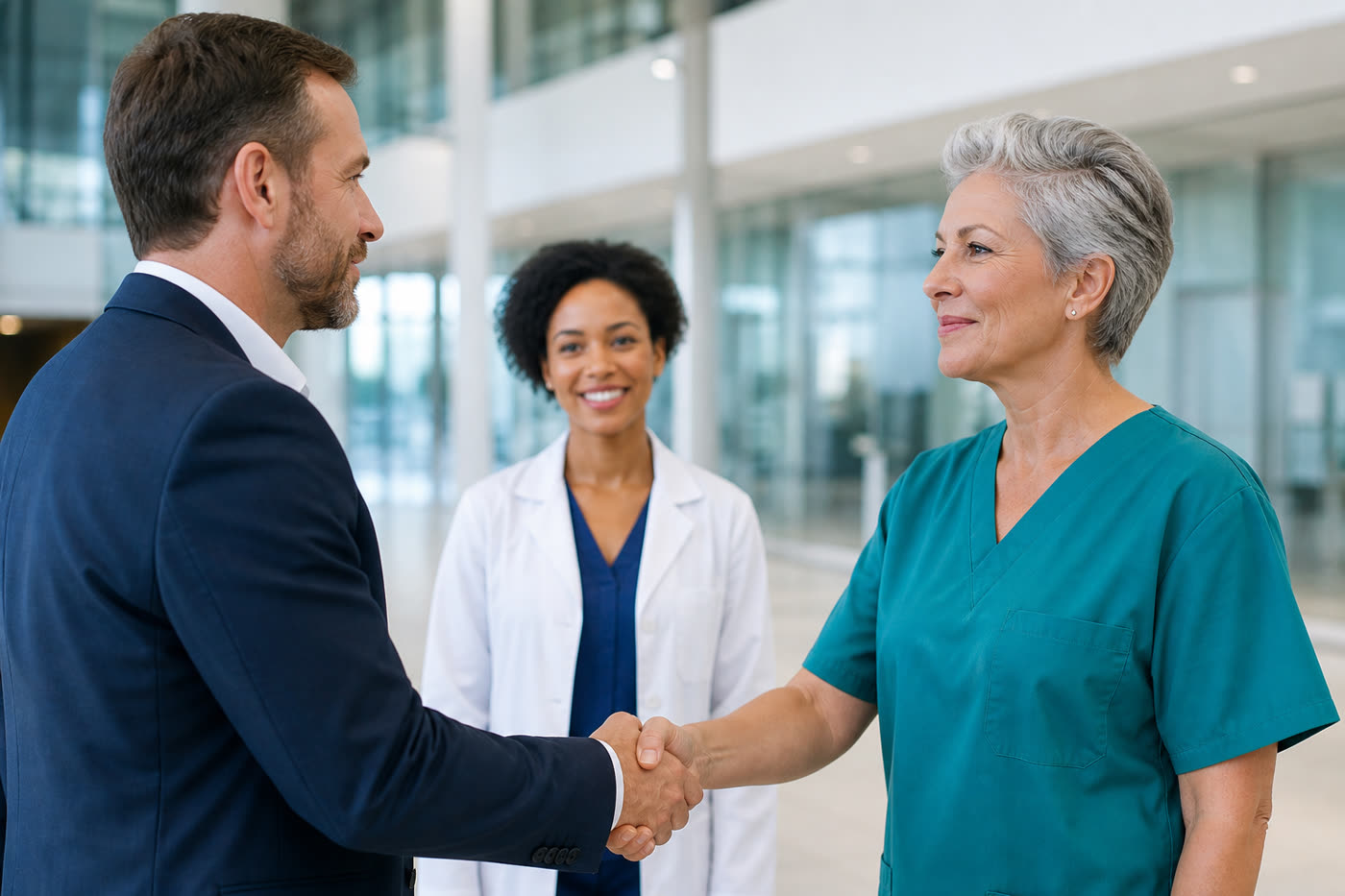 Healthcare partnership handshake between clinical and commercial leaders