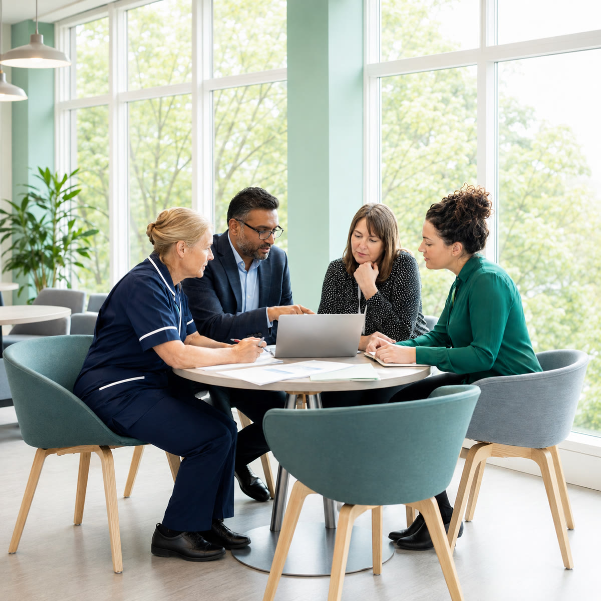 Community care with dignity, continuity, and accountable delivery — a nurse and commissioning partners reviewing care plans together