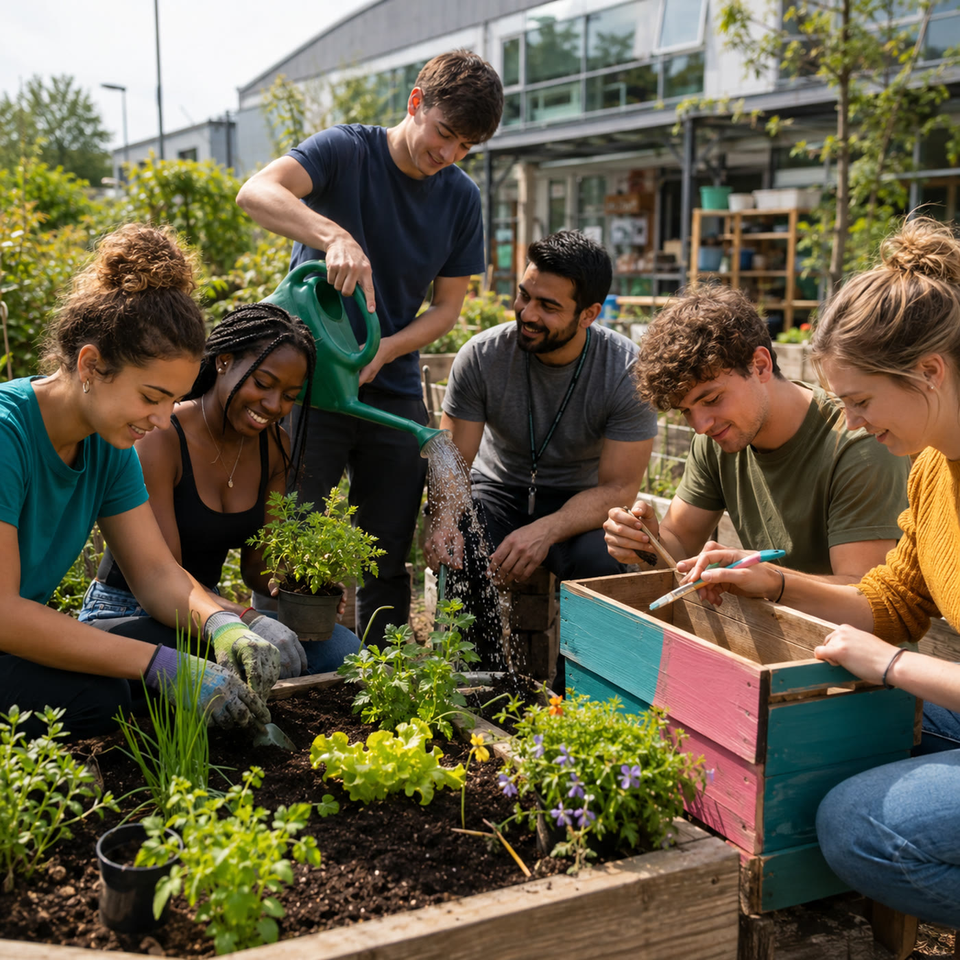 Young adults gardening and painting together in a community garden — everyday activity and social connection